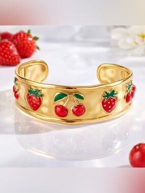 Fruit Gold Bracelet with Cherry and Strawberry Accents